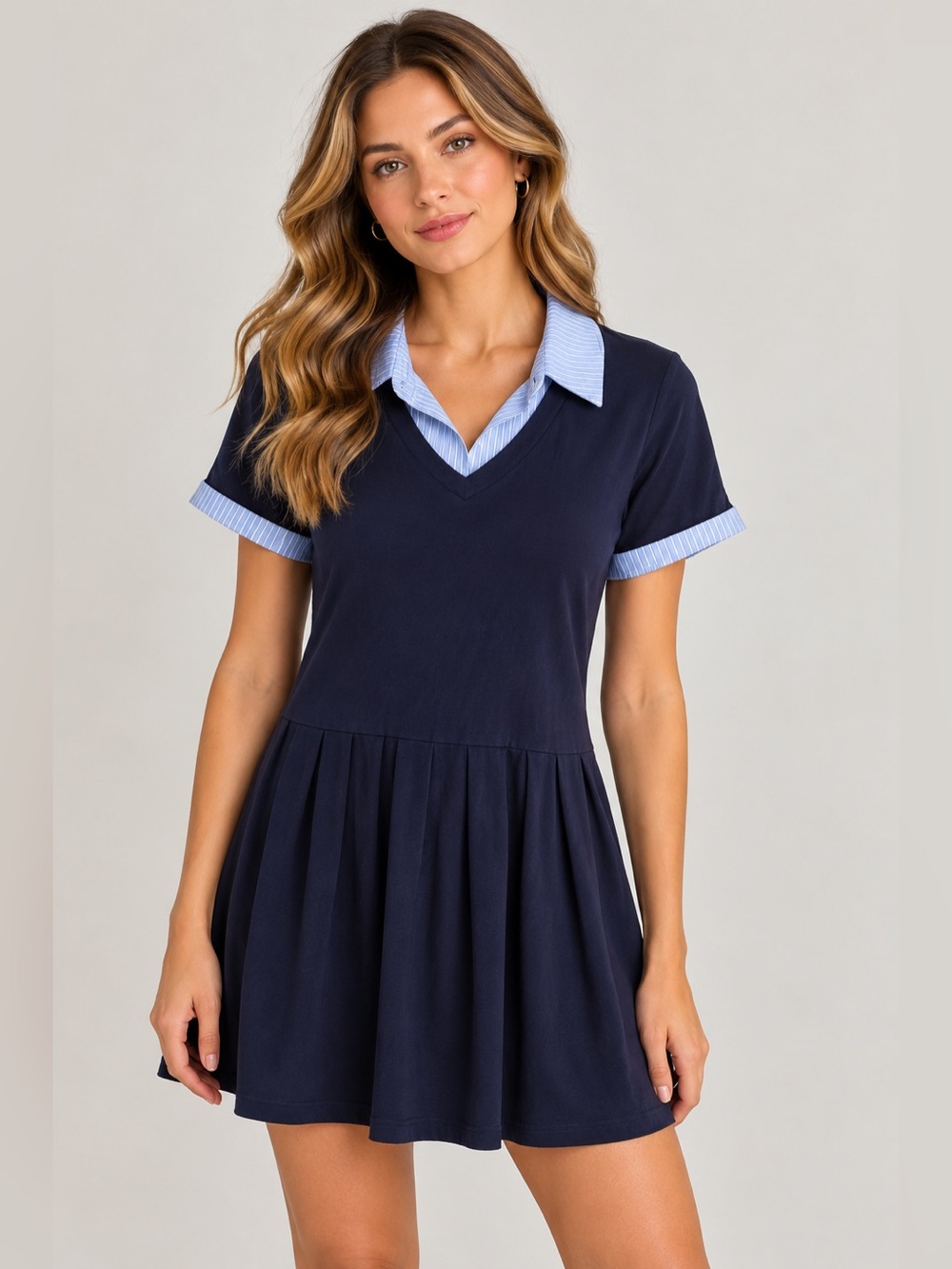 Cider Navy Dress with Light Blue Striped Collar